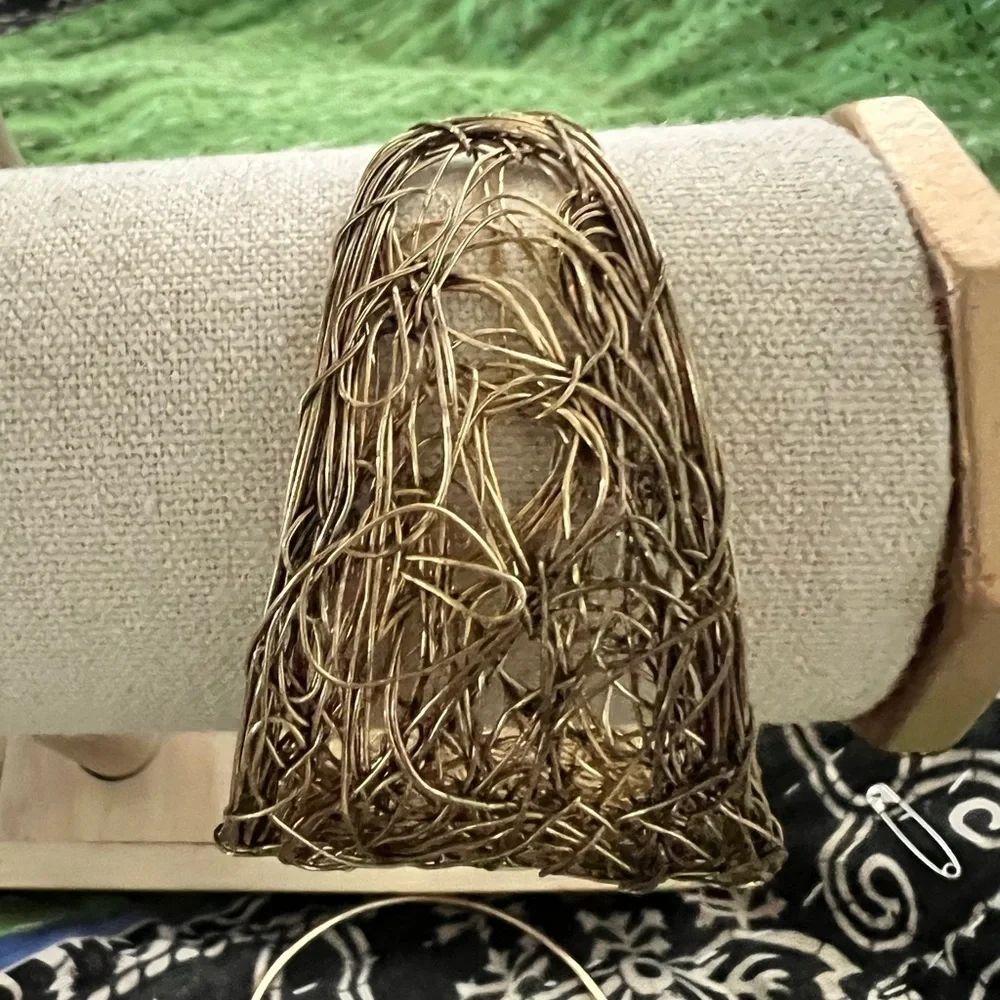 Artisan Wire Wrapped Cuff Bracelet Gold / Brass Tone Open Weave Statement